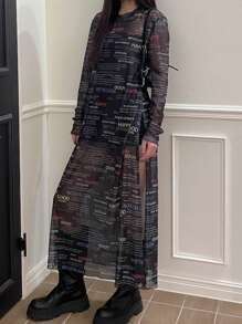 DAZY 女士圆领撞色字母印花透视网眼拼接宽松休闲长袖街头风套头衫