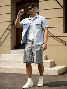 Manfinity LEGND Pantalones cortos vaqueros de hombre informales con bolsillo lateral roto, para verano