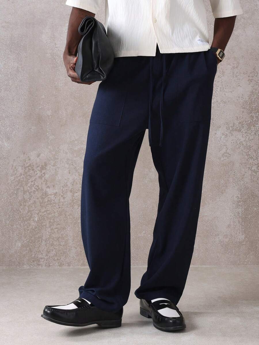 SUMWON Linen-Look Loose Fit Drawstring Pants, Breathable Comfort Casual Trousers, Perfect For Spring Summer Loungewear, Relaxed Wide Leg Silhouette - Navy Blue - View 1