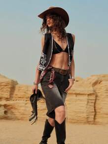 Wildy Summer American Western Rural Resort Black Blouse With Bohemian Woven Ribbon Embroidery, Work Uniform For Teachers Renaissance Fair Country Concert Western Wear Women Bohemia