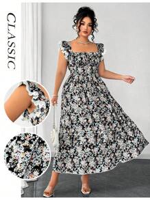 SHEIN Clasi Kleid in Große Größen mit V-Ausschnitt, geraffter Taille, ausgestelltem Saum und Spitzen-Schulterdetails, kleines Blumenmuster, geeignet für Urlaub, Ausflüge, Partys, Dates - Verschiedenfarbig - Übersicht 4
