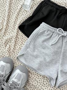 Teen Girl 2pcs Black & Grey Casual Sports Minimalist Drawstring Waist Ultra Low-Rise Cropped Shorts Set, Suitable For Spring/Summer - Multicolor - View 4