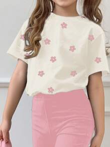 SHEIN 2 件套青少年女孩休闲简约设计短袖上衣和裤子，适合夏季 - 彩色 - 查看 3