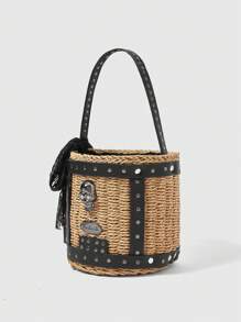 ROMWE Goth Moda feminina contraste cor caveira decoração bolsa de ombro tecida