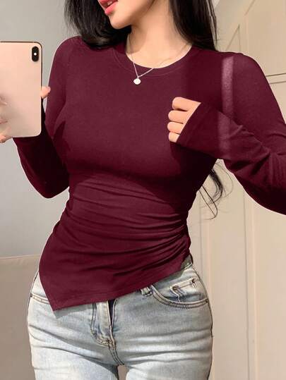 DAZY Camiseta de mujer de manga larga con diseño asimétrico, ropa de otoño