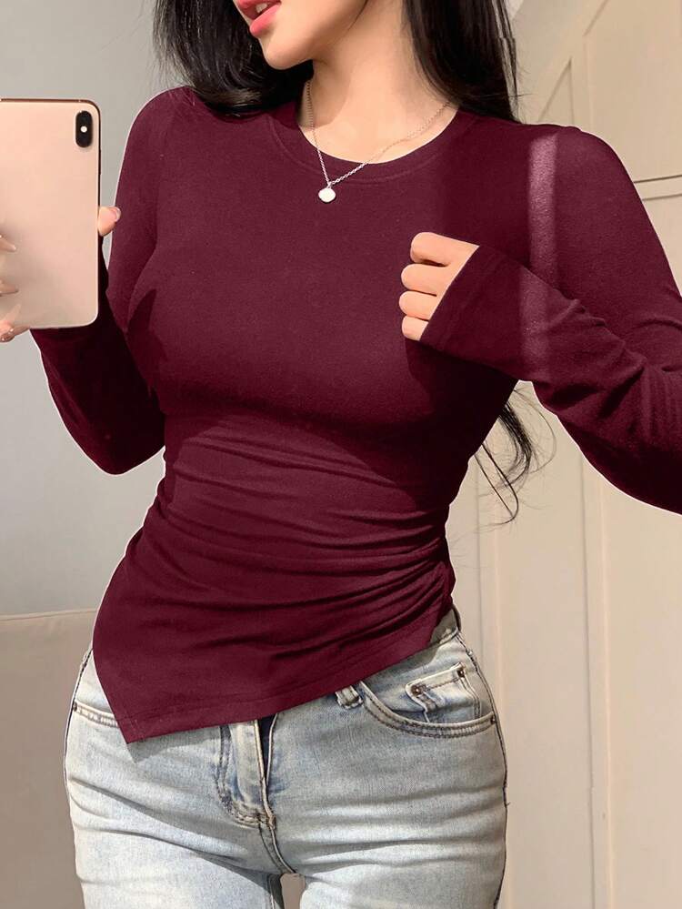 Asymmetric Design Fitted Long Sleeve Women T-Shirt,Fall Clothes