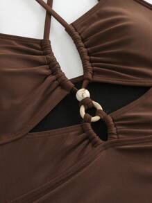 Swim Lushoire Plus Size One-Piece Halter Beaded Front Hollow Out Crisscross Tie Side Ruched Sexy Elegant Vacation Women's Swimsuit - Coffee Brown - View 4
