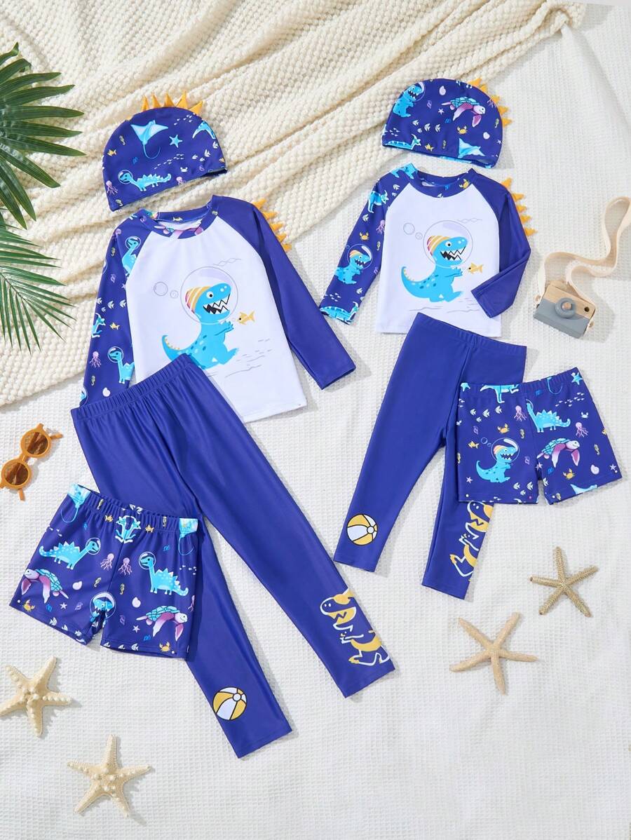 Cartoon Dinosaur Pattern Young Boys Swimsuit Beach Holiday Swimming Trunks Set - Multicolor - View 1