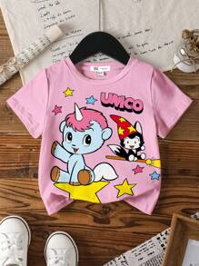 Unico X SHEIN Young Girl Pink Crew Neck Short Sleeve Casual Cartoon Cute Pony Star Print T-Shirt