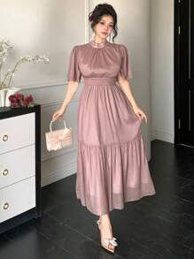 DAZY Women's Solid Color V-Neck Ruffle Hem Elegant Chiffon Dress, Spring/Summer - Pink - View 6