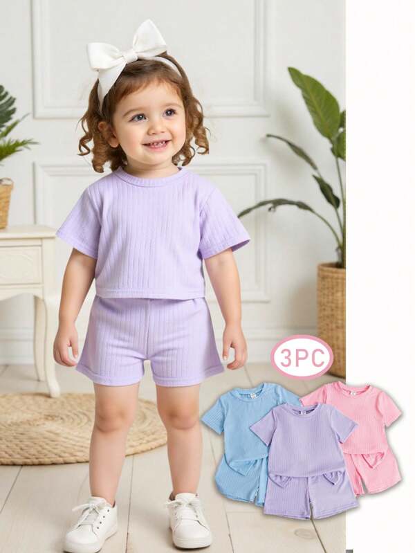 6 Stücke/Set Baby Mädchen einfarbiges Dopamin Kombination Kurzarm Top und Shorts Set, geeignet für Zuhause und Outdoor, Sommer