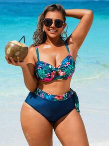 Swim Lushoire Set de 2 piezas de traje de baño de talla grande para mujer con parte superior asimétrica de volantes y estampado aleatorio de plantas tropicales y calzoncillos de cintura alta, estilo casual diario de resort