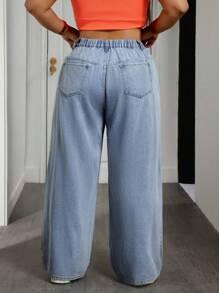 SHEIN SXY Quần Jeans Denim Ống Thẳng Rộng Khoét Hở Size Lớn - Màu xanh lam - Xem 2