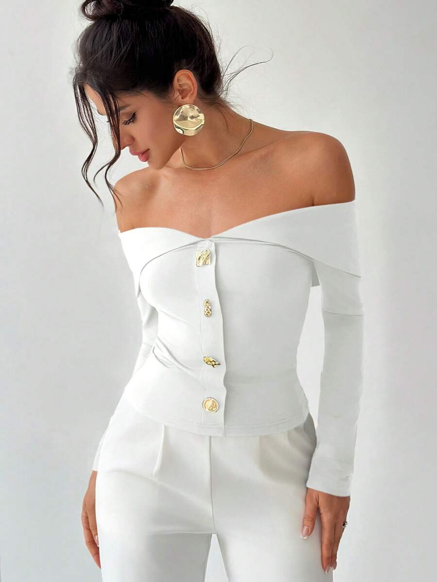 Firerie Áo nữ thanh lịch trễ vai, bất đối xứng, cài khuy kim loại - trắng - Xem 1