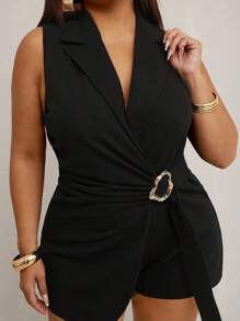 SHEIN SXY 大码女式优雅性感低胸无袖西装外套风格金属扣腰带连体衣，适合日常穿着、巡航、狂欢派对、海滩度假、约会之夜、生日、单身派对、辣妹派对、伊比沙岛、纳什维尔、休闲、狂欢、端庄、别致、俱乐部、可爱、休闲、购物、街头服饰、外出、易于搭配且看起来苗条，凸显您的身材，修饰身材，收腹 - 黑色 - 查看 7