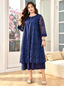 Lacomfia 大码休闲蕾丝圆领七分袖宽松常规夏季连衣裙