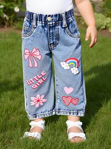 Jeans para niñas bebé, nuevos y adorables, de color azul vaquero con lazo y estampado de letras arcoíris, de algodón cómodo, pantalones rectos de moda casual holgada - Azul lavado medio - Ver 4