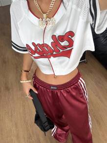 Coolane Women's Summer Streetwear Sportswear Casual Music Festival Game Day Graphics Woven Tape Crop Jersey Blouses - White - View 4