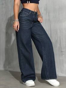 SHEIN ICON Women's Loose Casual Pocket Wide Leg Jeans