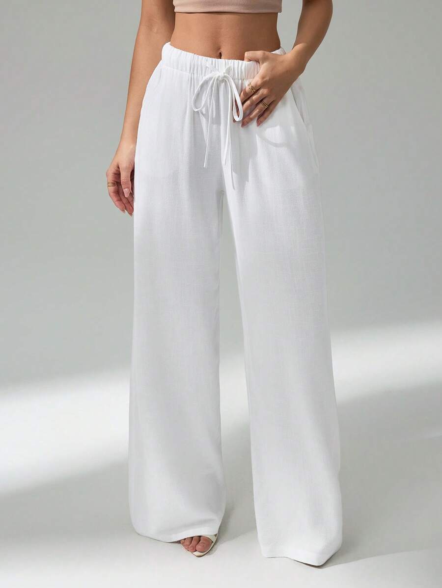 SHEIN Tall Women's Casual Slant Pocket Solid Color Drawstring Waist Straight Leg Pants