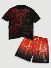 ROMWE MEN Men's Gothic Y2K Printed Short Sleeve T-Shirt And Shorts Set, Suitable For Everyday Wear In Spring/Summer, Halloween - Black - View 1