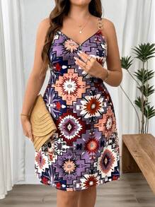 Breezaya Women Plus Size Casual Geometric Bohemian Print Slip Dress With Metal Chain, Loose A-Line Short Dress