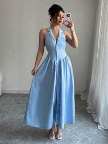 Elenzga Women's Elegant Casual Sexy Commute Romantic Vacation Solid V-Neck Open Front A-Line Hem Ruched Backless Dress, Spring/Summer - Blue - View 6