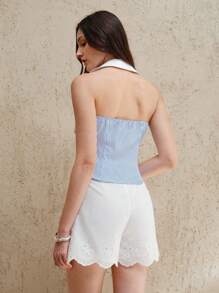 SHEIN Unity Camisa de mujer de cuello halter fruncida de una sola hilera de botones a rayas azules y blancas - Azul y blanco - View 2