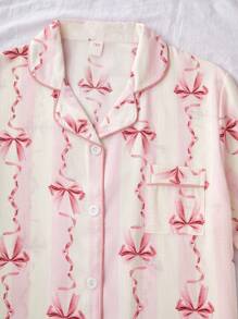 2pcs/Set Teen Girls Floral Print Contrast Color Ruffle Trim Comfortable Short Sleeve Top And Shorts Pajama Set, Spring/Summer - Pink - View 8