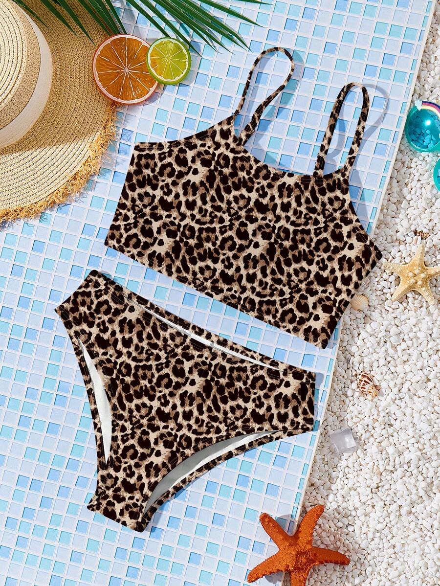 Emery Rose Kids Young Girls Simple Leopard Print Fitted Camisole & Triangle Bikini Swimsuit Set, Casual Style Suitable For Summer - Multicolor - View 1