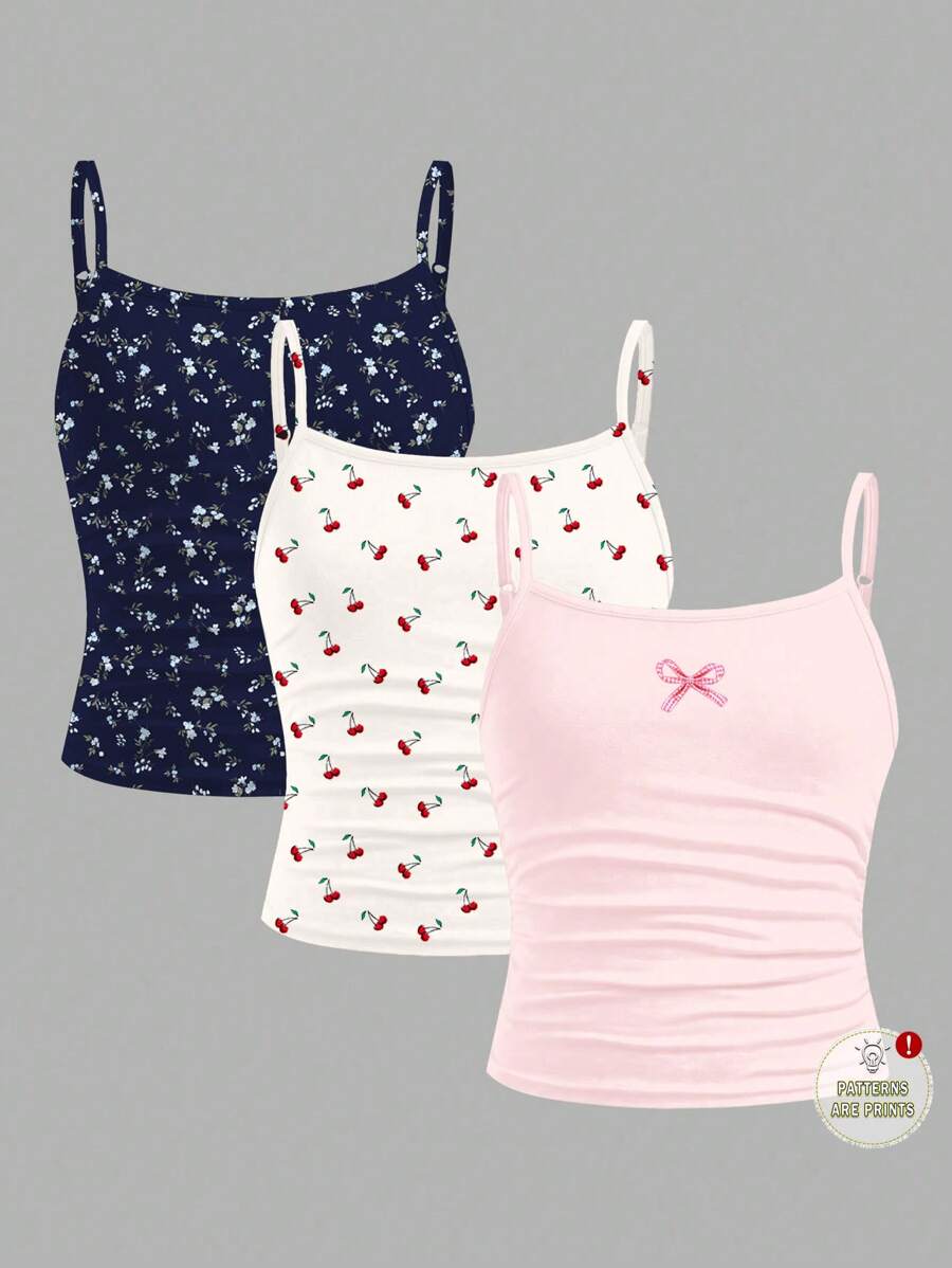 SHEIN Girlism 3 件装青少年女孩修身休闲碎花、蝴蝶结、迷你樱桃印花褶饰吊带背心,奶油白、淡粉色和海军蓝 - 彩色 - 查看 1