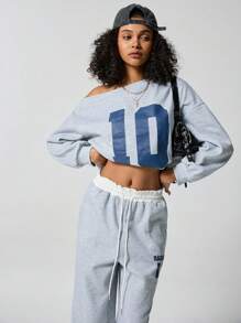 SHEIN EZwear Girls Y2K Preppy Daily Wear Number Printed Keep Warm Asymmetrical Neck Long Sleeve Sweatshirt And White Elastic Waistband Wide Leg Sweatpants