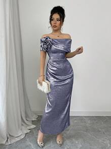 Elenzga Luxury Women's Party Dress, Elegant Gold 2 In 1 Floral Off Shoulder Ruched Slit Dress