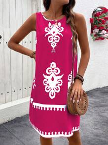 Breezaya 女式无袖印花休闲夏季连衣裙度假沙滩装 - 紅白色 - 查看 4