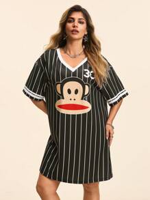 Paul Frank X SHEIN Große Größen V-Ausschnitt Gestreiftes & Cartoon Muster Stilvolles Cooles Schwarzes Kleid, geeignet für den täglichen Sommertragegebrauch