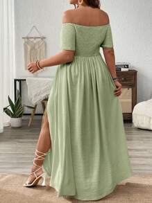 SHEIN VCAY 大码度假露肩开衩下摆连衣裙 - 薄荷綠 - 查看 2