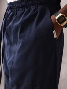 SUMWON Linen-Look Loose Fit Drawstring Pants, Breathable Comfort Casual Trousers, Perfect For Spring Summer Loungewear, Relaxed Wide Leg Silhouette - Navy Blue - View 7