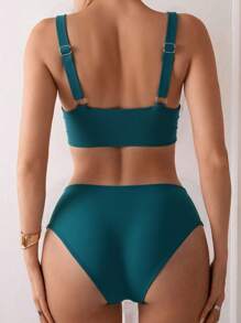 Swim Lushoire New V-Neck Solid High Waisted Bikini 2 Pieces Set, Beach Summer Outfits For Women