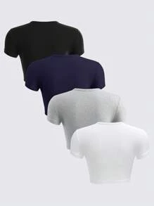 SHEIN BASICS Set de 4 camisetas cortas de manga corta, ajustadas, con cuello redondo y de un solo color, de punto, para mujer