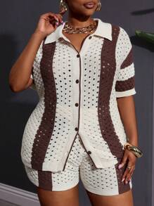 SHEIN CURVE+ 大码度假海滩休闲宽松短袖上衣和修身短裤拼色透明针织背心套装，适合夏季 - 彩色 - 查看 3