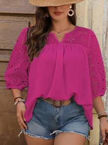 Rometta Blusa holgada de talla grande casual de verano con parches y mangas 3/4 caladas