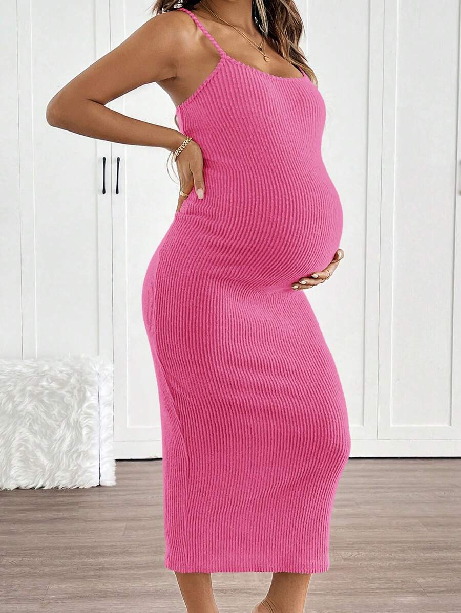 SHEIN Vestido de tirantes de unicolor para maternidad - Rosa Fucsia - Ver 1