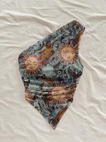 Soleia Women's Ruched Sleeveless Printed Sun Face Pattern Fashion Tank Top Suitable For Going Out - Blue - View 5