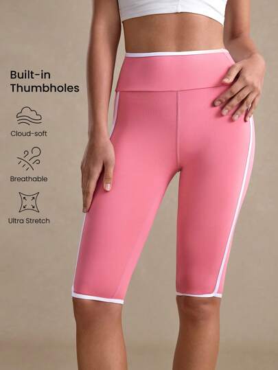 Cloud-Soft Capri Yoga Leggings For Women: Dusty Pink Breathable Knitted Fabric With Side Stripe And Thumbholes For A Comfortable Workout