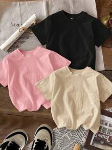 SHEIN Leap Crew 3pcs/Set Tween Girls' Casual Plaid Smiling Face Graphic T-Shirts In Black, Pink, Khaki, Cute Cartoon Pattern, Summer - Multicolor - View 2