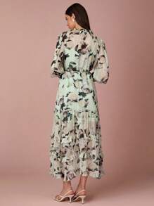 Enchnt 春夏浪漫女士绿色花卉印花荷叶边系带领多层荷叶边下摆袖口连衣裙，甜美优雅，适合度假、约会、节日、派对、毕业典礼、婚礼嘉宾、海滩和宴会，舞会礼服，女士夏季连衣裙，女士太阳裙，夏季服装，优雅的派对连衣裙 - 綠色 - 查看 2