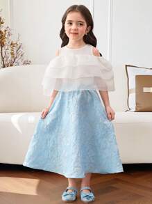 2pcs Young Girl Solid Color Round Neck Knit Top With Mesh Ruffle Details And Woven Skirt Set - Blue - View 1