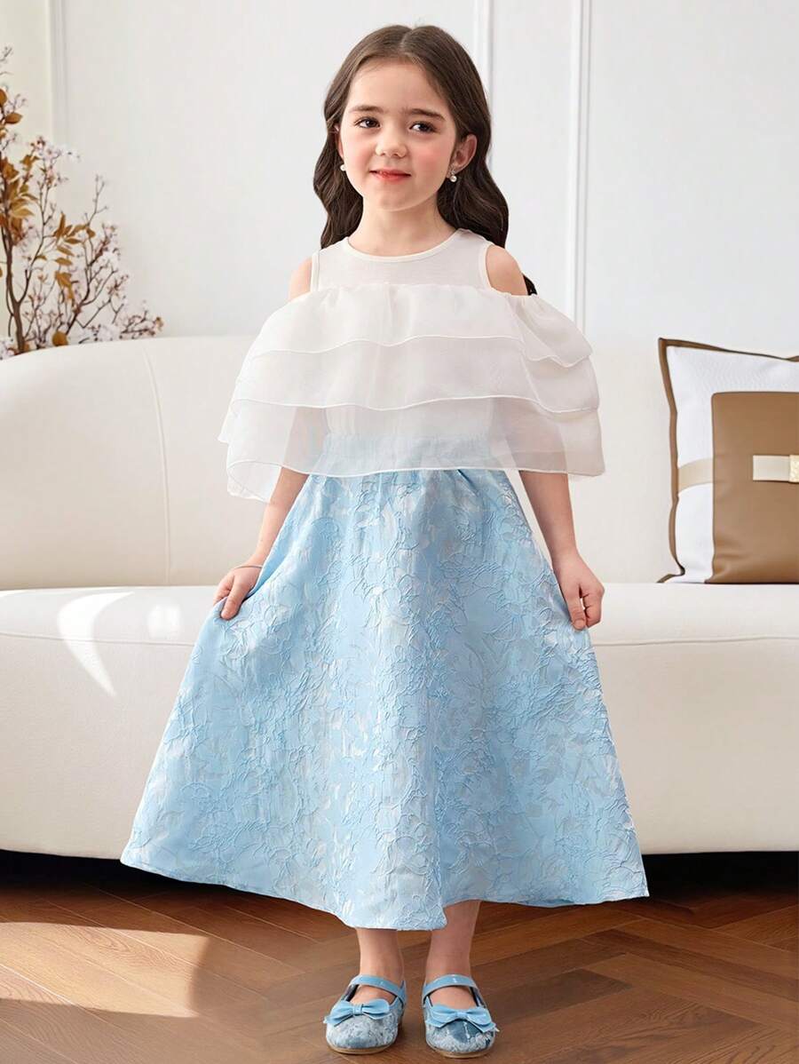 2pcs Young Girl Solid Color Round Neck Knit Top With Mesh Ruffle Details And Woven Skirt Set - Blue - View 1