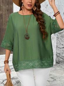 EMERY ROSE Plus Size Women's Solid Color Casual Tunic Blouse, Simple And Fashionable, Summer Holiday, Vacation Women, Simple And Fashionable For Everyday Wear, Gifts For Mother, Vacay Vibes, Spring-Break, Casual Wear , Bohemia - Army Green - View 6