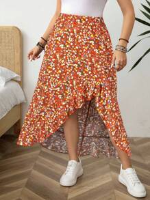 SHEIN LUNE 大码女式休闲碎花高低下摆半身裙